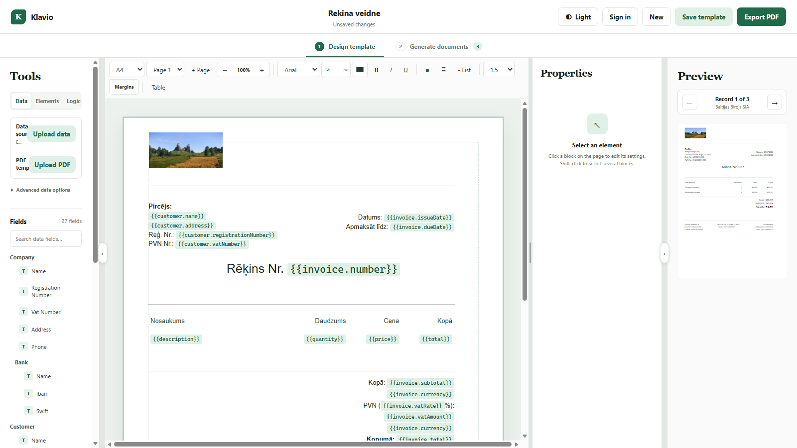 Doklavio visual editor showing data fields, a document canvas, and a live PDF preview